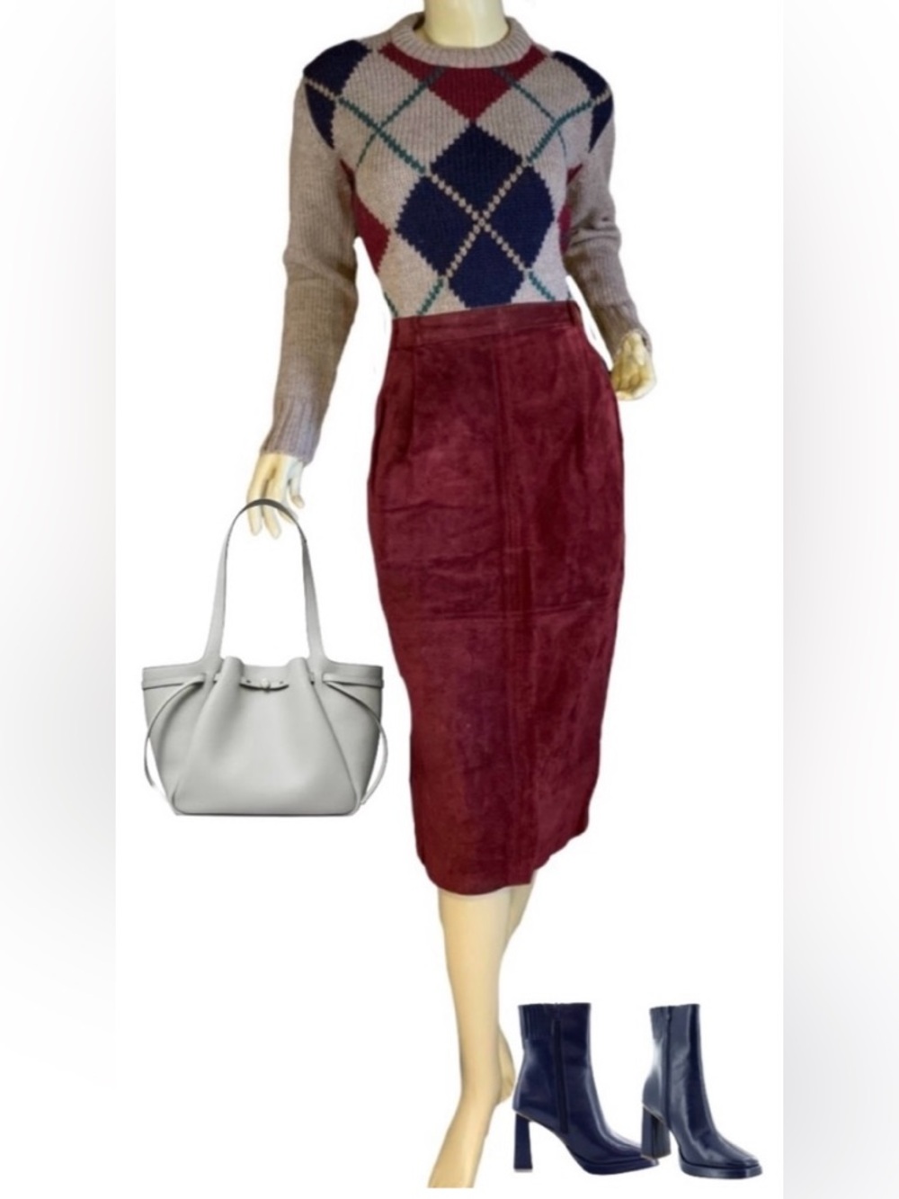 VINTAGE 1990'S CHAUS MAROON SUEDE MIDI SKIRT (20W)